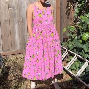 Nooworks Misty Cotton Pink Banana Print Midi Dress Small